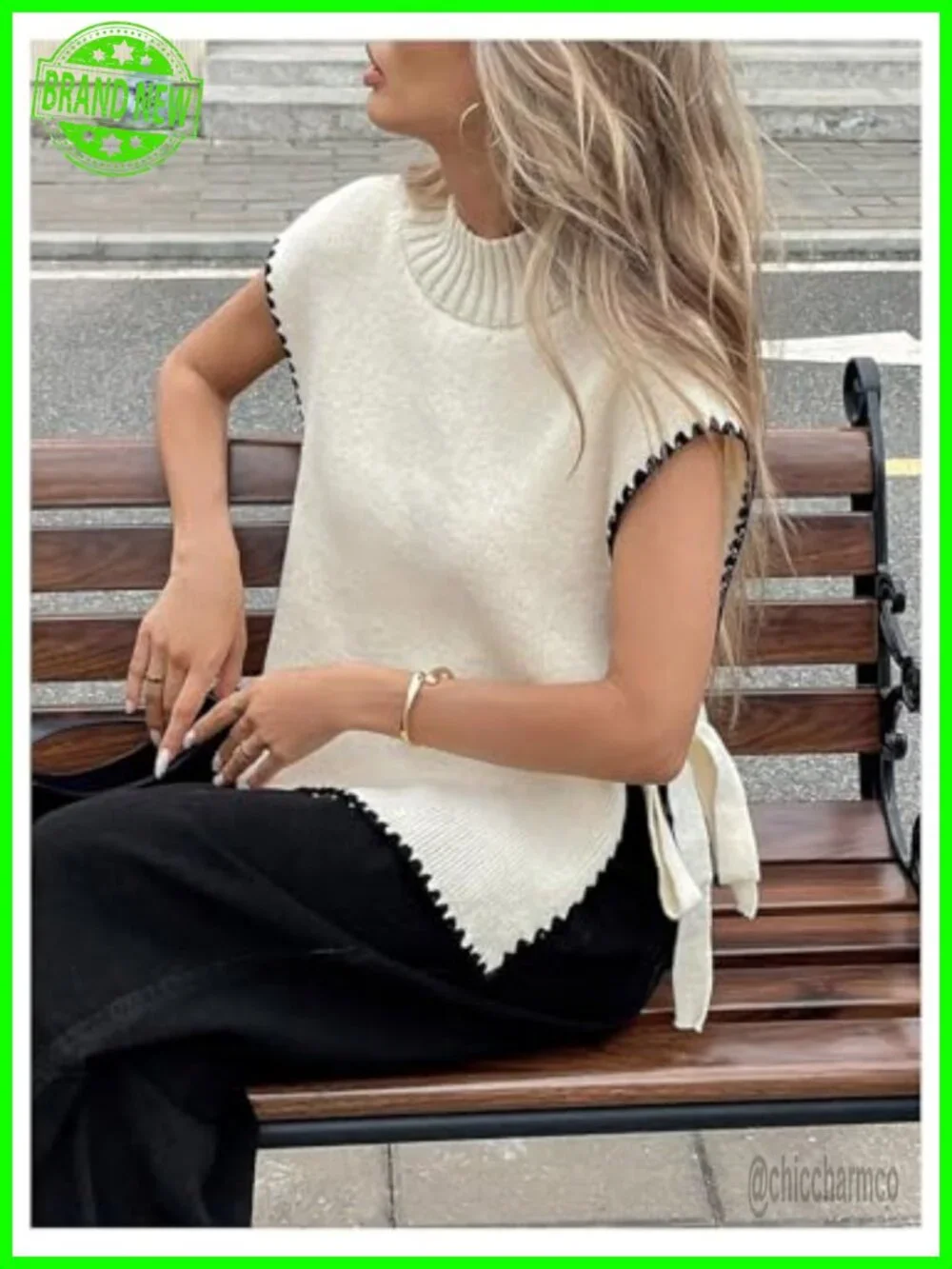 Mock Neck Cap Sleeve Soft Knit Sweater Vest Tie Knot Side Slit Lightweight Tops
